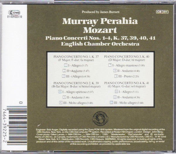 Murray Perahia - Wolfgang Amadeus Mozart, English Chamber Orchestra : Piano Concerti Nos. 1-4, K.37, 39, 40, 41 (CD, Album, RE)