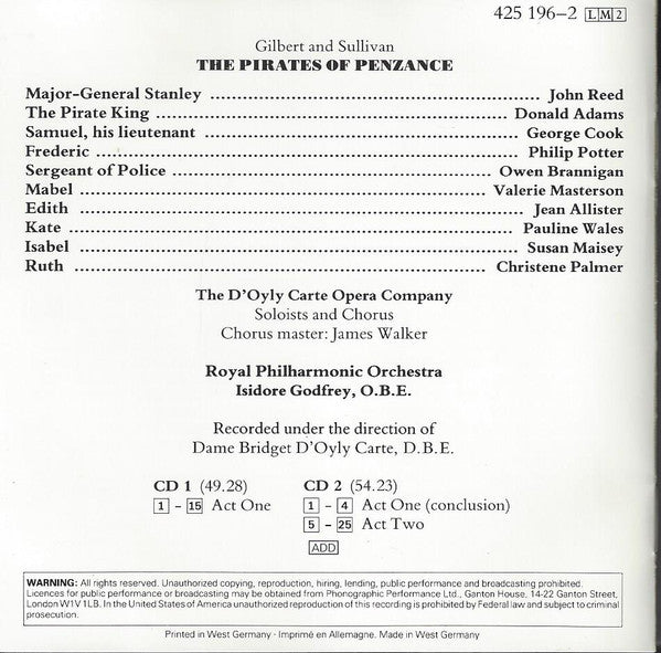 D'Oyly Carte Opera Company, Gilbert & Sullivan : The Pirates Of Penzance (2xCD)