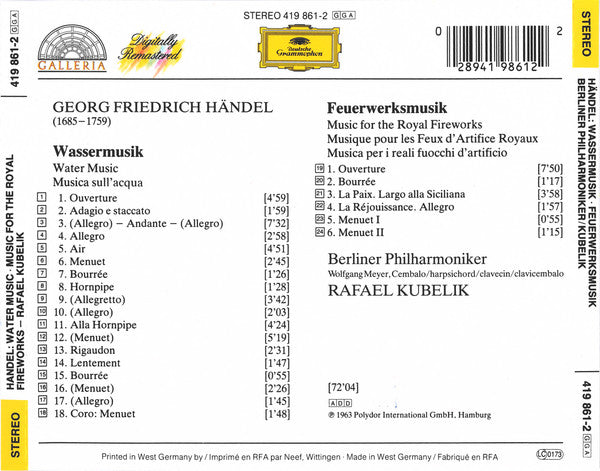 Georg Friedrich Händel –  Berliner Philharmoniker, Rafael Kubelik : Water Music/Music For The Royal Fireworks (CD, RM)