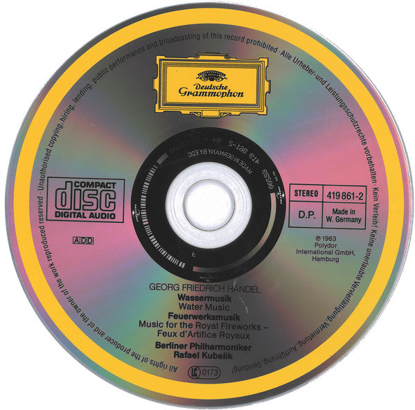 Georg Friedrich Händel –  Berliner Philharmoniker, Rafael Kubelik : Water Music/Music For The Royal Fireworks (CD, RM)