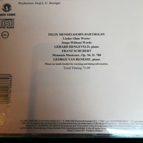 Felix Mendelssohn-Bartholdy, Franz Schubert, Gerard Hengeveld, George Van Renesse : Lieder Ohne Worte & Moments Musicaux (CD, Album)