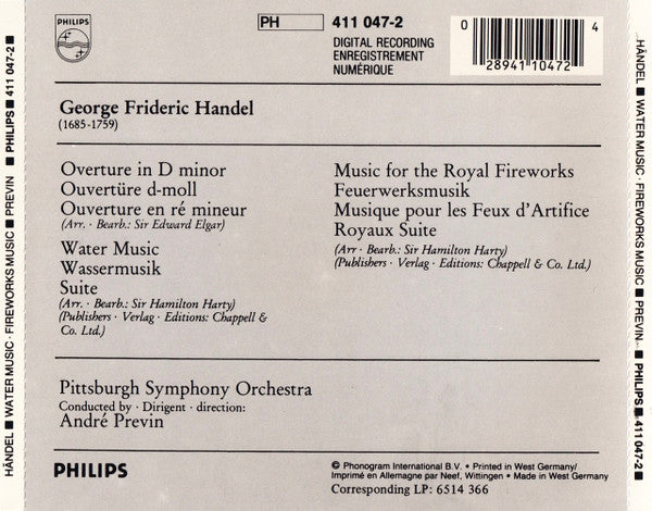 Georg Friedrich Händel, André Previn, Pittsburgh Symphony Orchestra : Suites Water Music = Wassermusik / Fireworks Music = Feuerwerksmusik / Ouverture In D-Minor D-Moll (CD, Album, RE)
