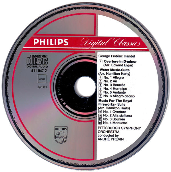 Georg Friedrich Händel, André Previn, Pittsburgh Symphony Orchestra : Suites Water Music = Wassermusik / Fireworks Music = Feuerwerksmusik / Ouverture In D-Minor D-Moll (CD, Album, RE)