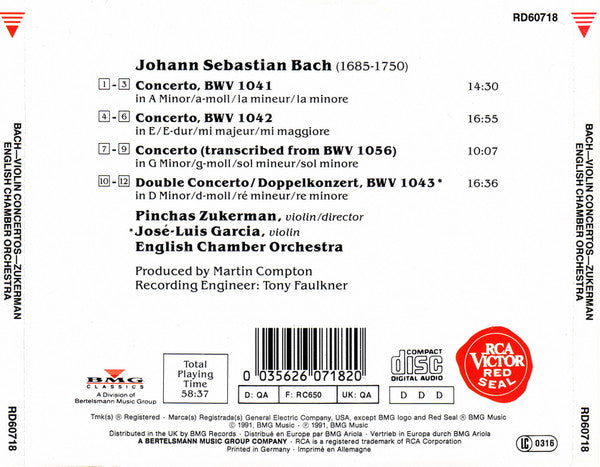 Johann Sebastian Bach, Pinchas Zukerman, English Chamber Orchestra : Violin Concertos (CD, Album)