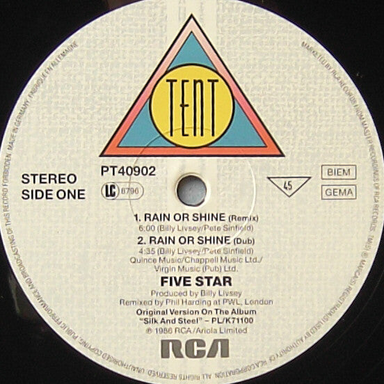 Five Star : Rain Or Shine (Remixed Version) (12", Maxi)