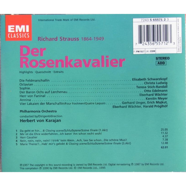 Richard Strauss, Elisabeth Schwarzkopf, Christa Ludwig, Teresa Stich-Randall, Otto Edelmann, Philharmonia Orchestra, Herbert von Karajan : Der Rosenkavalier Highlights (CD, Album, RE, RM)