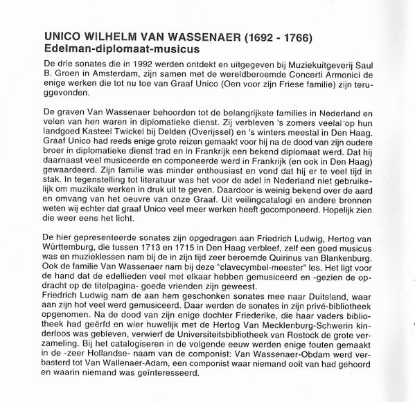 Unico Wilhelm Van Wassenaer / Hendrik Focking : Sonatas (CD)