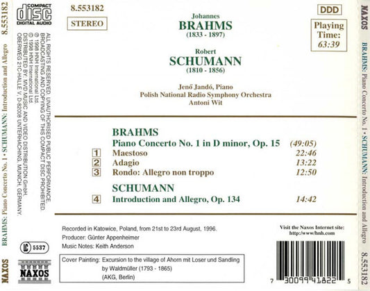 Johannes Brahms, Robert Schumann, Jenö Jandó, Wielka Orkiestra Symfoniczna Polskiego Radia W Katowicach, Antoni Wit : Piano Concerto No. 1 / Introduction And Allegro (CD, Album)