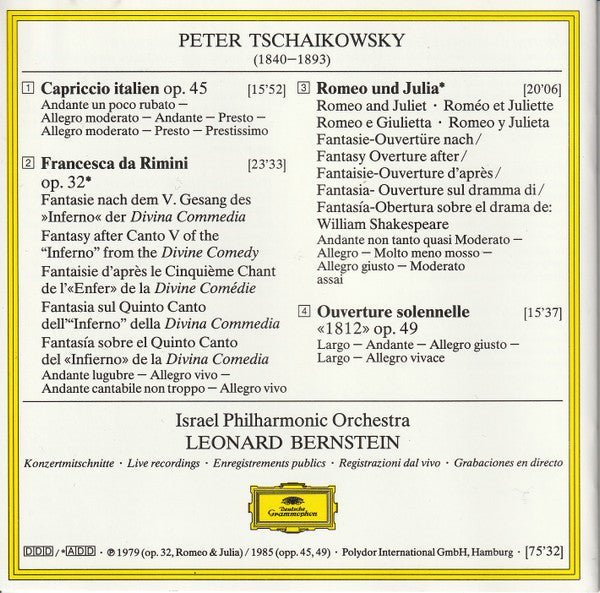Leonard Bernstein, Israel Philharmonic Orchestra, Pyotr Ilyich Tchaikovsky : Ouverture 1812 - Romeo & Julia - Capriccio Italien - Franscesca a Rimini (CD, Comp, RM)