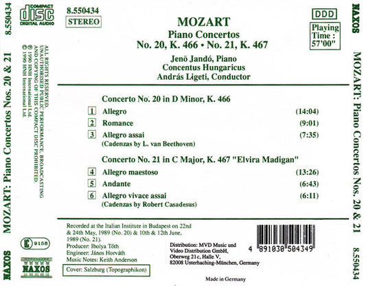 Wolfgang Amadeus Mozart – Jenö Jandó, Concentus Hungaricus, András Ligeti : Piano Concertos • Klavierkonzerte • Concertos Pour Piano K. 466 & 467 "Elvira Madigan" (CD, Album)