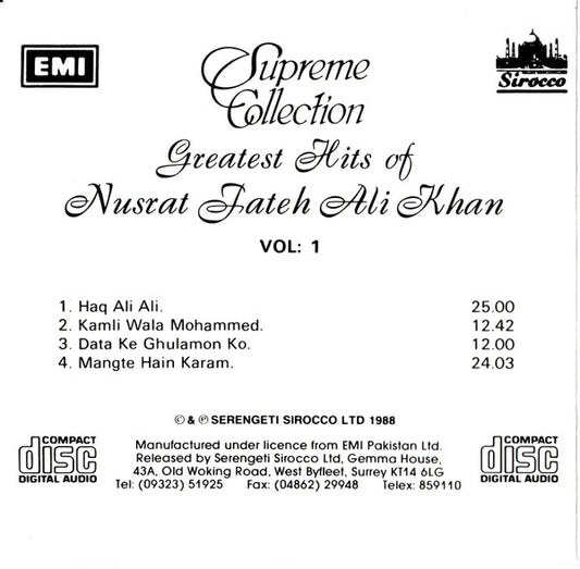 Nusrat Fateh Ali Khan : Greatest Hits Of Nusrat Fateh Ali Khan Vol: 1 (CD, Comp)