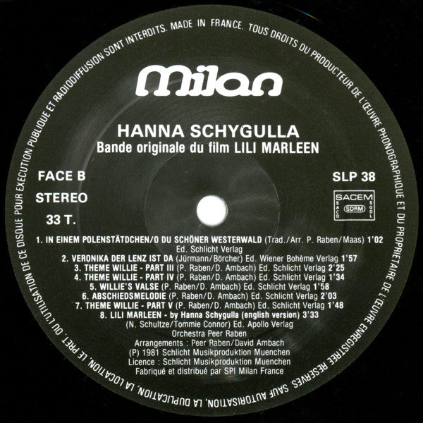 Hanna Schygulla, Orchester Peer Raben : Lili Marleen - Bande Originale Du Film (LP, Album, Bla)