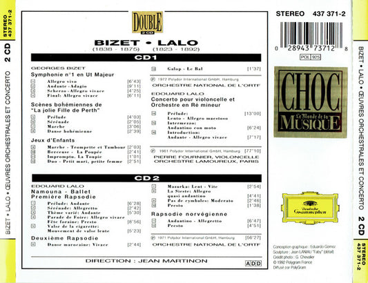 Georges Bizet, Édouard Lalo, Orchestre National De L'ORTF, Pierre Fournier, Orchestre Des Concerts Lamoureux, Jean Martinon : Symphonie N° 1 . La Jolie Fille De Perth . Jeux D'Enfants . Namouna . Rapsodie Norvegienne . Concerto Pour Violoncelle (2xCD, Comp, RE, RM)
