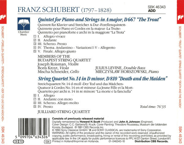 Franz Schubert – Budapest String Quartet • Mieczyslaw Horszowski • Juilliard String Quartet : Forellen-Quintett / Der Tod Und Das Mädchen (CD, Comp)