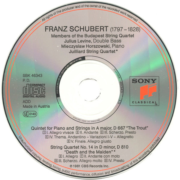 Franz Schubert – Budapest String Quartet • Mieczyslaw Horszowski • Juilliard String Quartet : Forellen-Quintett / Der Tod Und Das Mädchen (CD, Comp)
