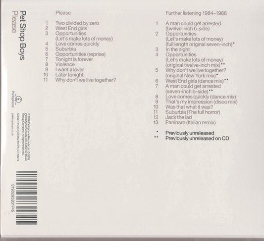 Pet Shop Boys : Please / Further Listening 1984–1986 (CD, Album + CD, Comp + RE, RM)