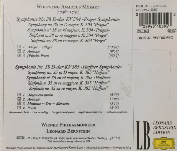 Wolfgang Amadeus Mozart - Leonard Bernstein, Wiener Philharmoniker : Symphonien No. 35 Haffner / No. 38 Prague (CD, Album)