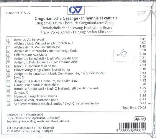 Choralschola Der Folkwang Hochschule, Frank Volke, Stefan Klöckner : Gregorianische Gesänge (In Hymnis et Canticis) (CD)
