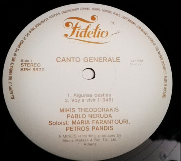 Mikis Theodorakis / Pablo Neruda, Maria Farandouri, Πέτρος Πανδής : Canto General (2xLP, Album, Gat)