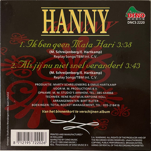 Hanny (2) : Ik Ben Geen Mata Hari (CD, Single, car)
