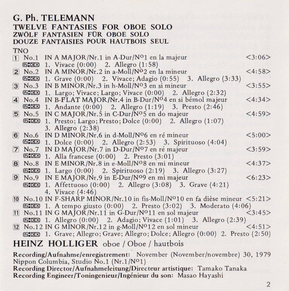 Georg Philipp Telemann, Heinz Holliger : Twelve Fantasies For Oboe Solo (CD, Album)