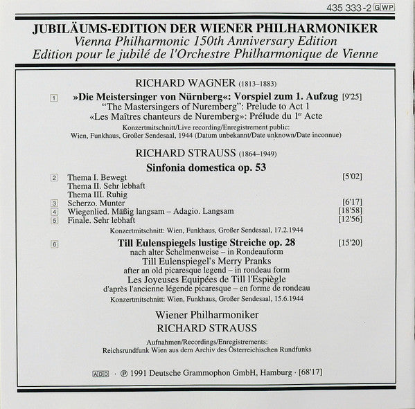 Wiener Philharmoniker, Richard Strauss – 1944 – Richard Strauss / Richard Wagner : Sinfonia Domestica · Till Eulenspiegel / Ouvertüre »Die Meistersinger« (CD, Comp, Mono, RM)