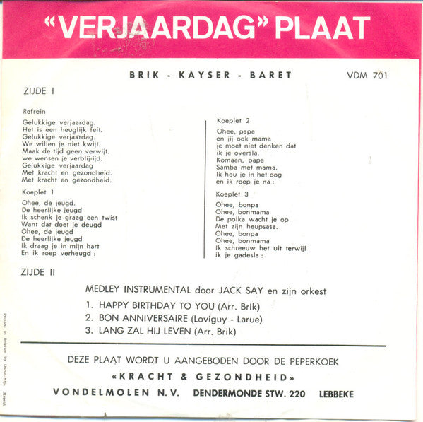 Marc Joris (2), Jack Say : Gelukkige Verjaardag  (7", Single, Promo)
