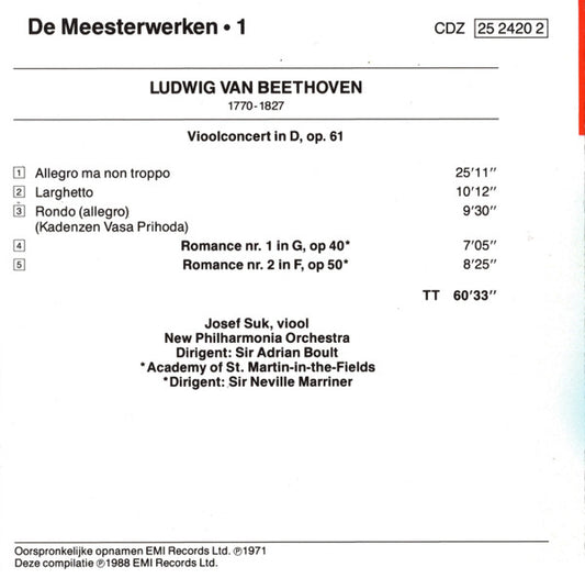 Ludwig van Beethoven, Josef Suk, New Philharmonia Orchestra, The Academy Of St. Martin-in-the-Fields, Sir Adrian Boult, Sir Neville Marriner : Vioolconcert / Vioolromances nrs 1 & 2 (CD, Comp, RM)