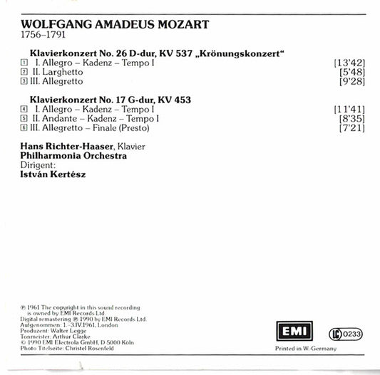 Wolfgang Amadeus Mozart - Hans Richter-Haaser - István Kertész - Philharmonia Orchestra : Klavierkonzerte Nr. 26 "Krönungskonzert" & Nr. 17  (CD, Album)