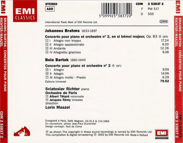 Johannes Brahms, Béla Bartók, Sviatoslav Richter, Lorin Maazel, Orchestre De Paris : Concerto Pour Piano (CD, Album, Comp, RE)