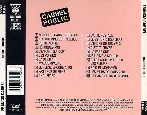 Francis Cabrel : Cabrel Public (CD, Album, RE)