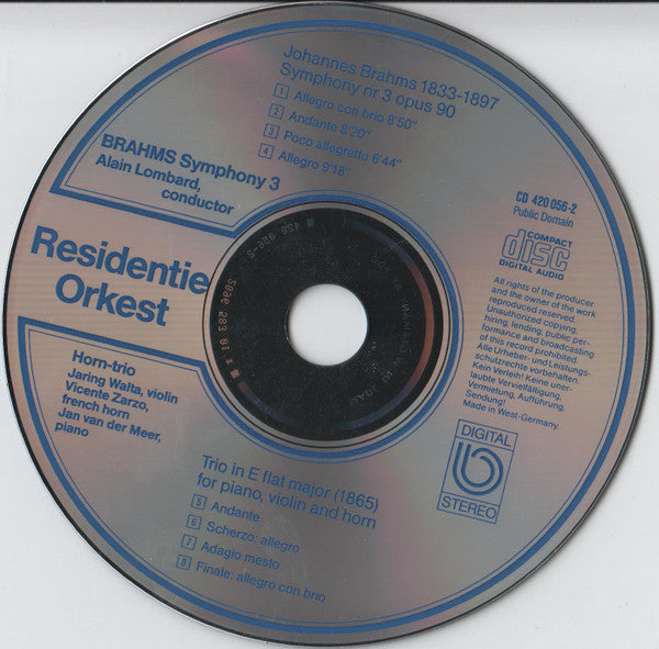 Johannes Brahms - Residentie Orkest, Alain Lombard : Symphony 3 Horn Trio (CD, Album)
