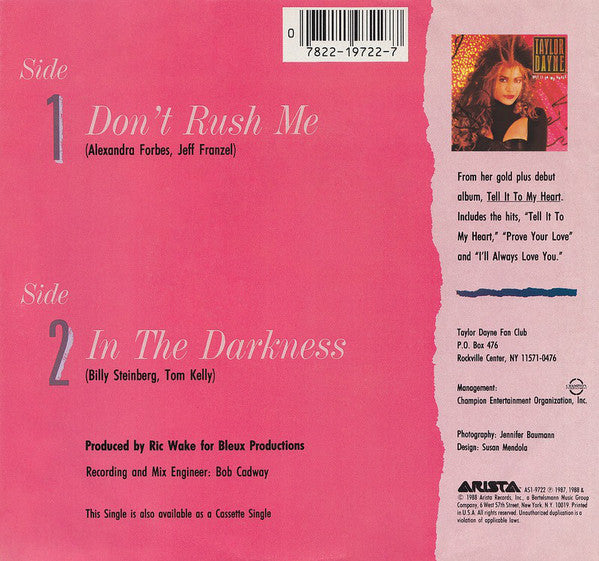 Taylor Dayne : Don't Rush Me (7", Single, Spe)