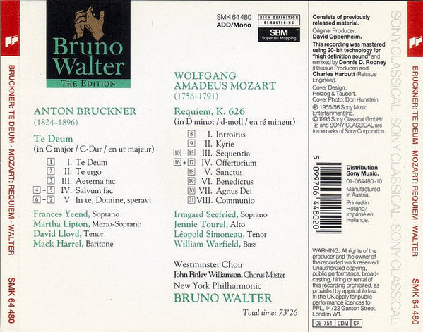 Anton Bruckner, Wolfgang Amadeus Mozart, Bruno Walter, New York Philharmonic : Te Deum / Requiem  (CD, Comp, Mono, RM)