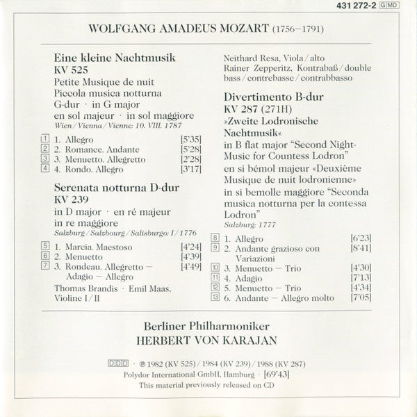 Wolfgang Amadeus Mozart, Berliner Philharmoniker, Herbert Von Karajan : Eine Kleine Nachtmusik / Serenata Notturna KV 239 / Divertimento KV 287 (CD, Comp, RE)