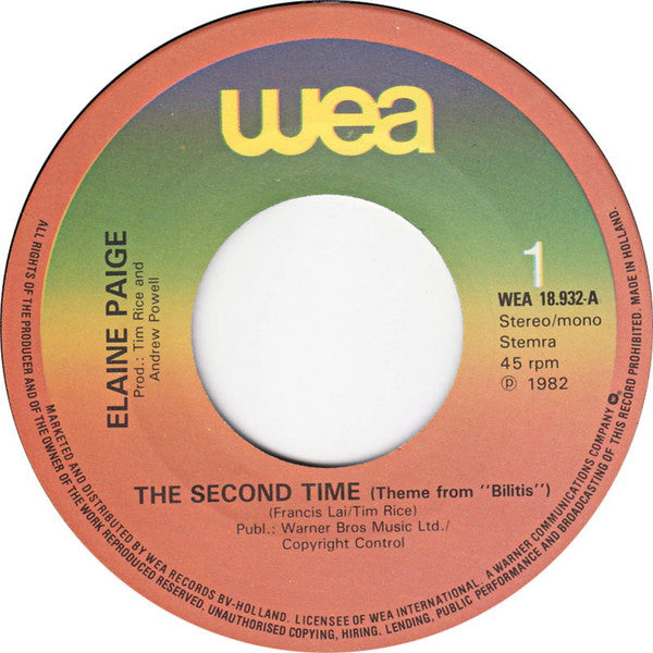 Elaine Paige : The Second Time (Theme From "Bilitis") (7", Single)
