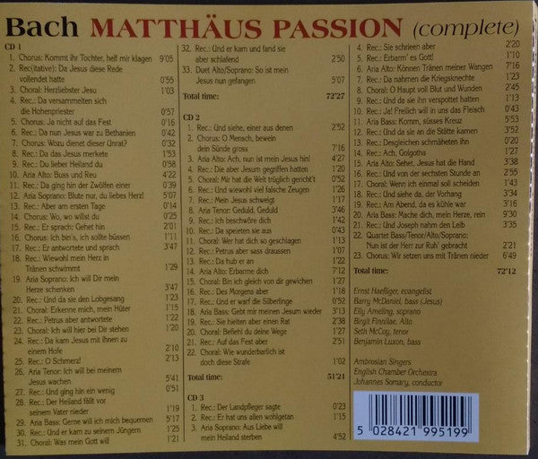 Johann Sebastian Bach, English Chamber Orchestra, The Ambrosian Singers, Elly Ameling, Birgit Finnilä, Seth McCoy, Benjamin Luxon, Johannes Somary : Matthäus Passion (3xCD, Album, RE)
