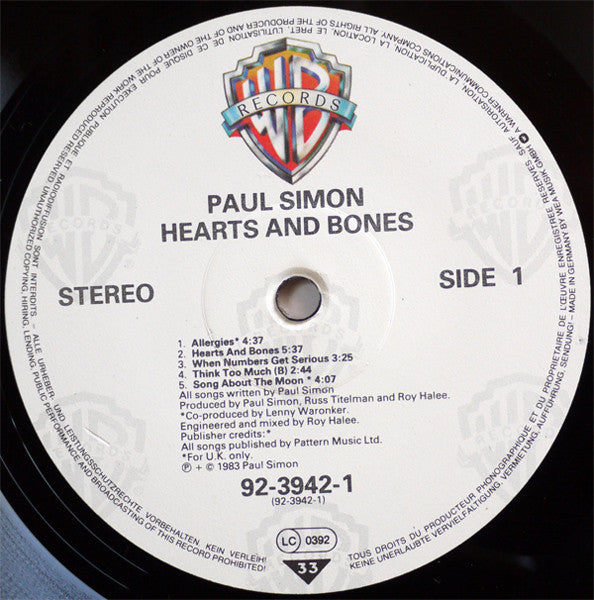 Paul Simon : Hearts And Bones (LP, Album, No )