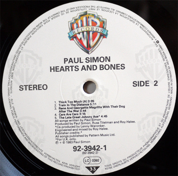 Paul Simon : Hearts And Bones (LP, Album, No )
