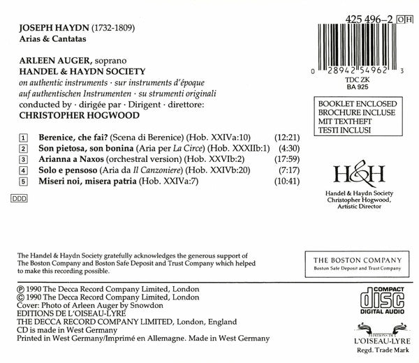 Joseph Haydn – Arleen Auger, The Handel & Haydn Society Of Boston, Christopher Hogwood : Arias & Cantatas (CD, Album)