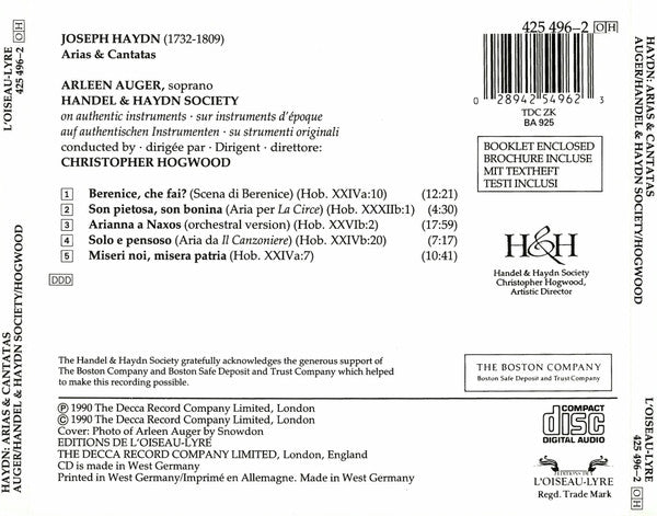 Joseph Haydn – Arleen Auger, The Handel & Haydn Society Of Boston, Christopher Hogwood : Arias & Cantatas (CD, Album)