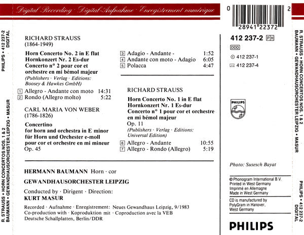 Richard Strauss • Carl Maria von Weber – Hermann Baumann, Gewandhausorchester Leipzig, Kurt Masur : Horn Concertos Nos. 1&2 • Concertino For Horn (CD, Album)