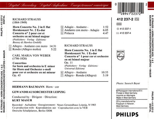 Richard Strauss • Carl Maria von Weber – Hermann Baumann, Gewandhausorchester Leipzig, Kurt Masur : Horn Concertos Nos. 1&2 • Concertino For Horn (CD, Album)
