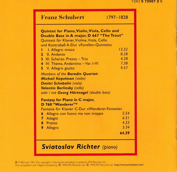 Franz Schubert, Borodin String Quartet, Sviatoslav Richter : "Trout" Quintet / "Wanderer" Fantasy (CD, Comp, RE, RM)