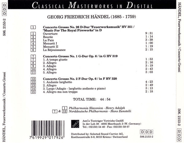 Georg Friedrich Händel - Philharmonia Slavonica, Henry Adolph, Norddeutsche Philharmonie, Hans Zanotelli (2) : Feuerwerksmusik = Music For The Royal Fireworks (Concerti Grossi Op.6 Nos. 1 & 2) (CD)