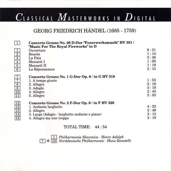 Georg Friedrich Händel - Philharmonia Slavonica, Henry Adolph, Norddeutsche Philharmonie, Hans Zanotelli (2) : Feuerwerksmusik = Music For The Royal Fireworks (Concerti Grossi Op.6 Nos. 1 & 2) (CD)