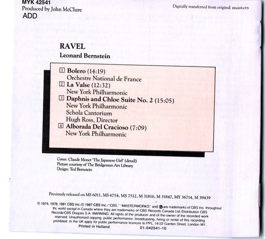 Maurice Ravel - Leonard Bernstein, New York Philharmonic : Bolero / La Valse / Alborada Del Gracioso / Daphnis & Chloe Suite No. 2 (CD, Comp, RE, RM)