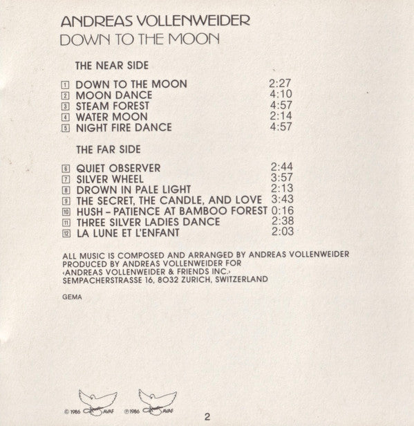 Andreas Vollenweider : Down To The Moon (CD, Album)
