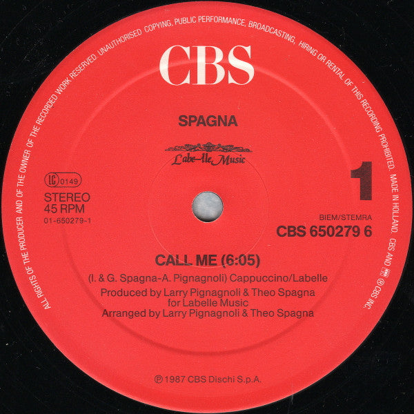 Spagna* : Call Me (12", Maxi)