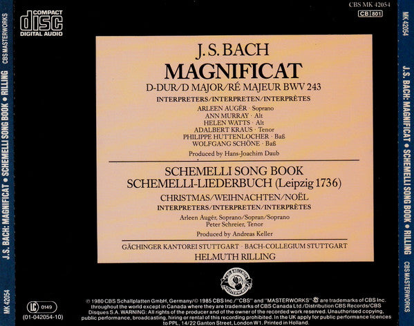 Johann Sebastian Bach, Arleen Auger, Ann Murray, Helen Watts, Adalbert Kraus, Philippe Huttenlocher, Wolfgang Schöne, Georg Christian Schemelli, Peter Schreier, Gächinger Kantorei Stuttgart ∙ Bachcollegium Stuttgart, Helmuth Rilling : Magnificat D-Dur = D Major = Ré Majeur BWV 243 / Song Book = Liederbuch (Leipzig 1736) Christmas = Weihnachten = Noël  (CD, Comp)